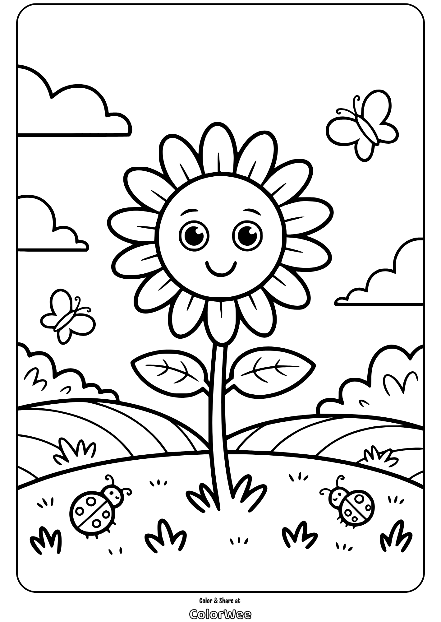 Smiling sunflower with butterflies and ladybugs coloring page.