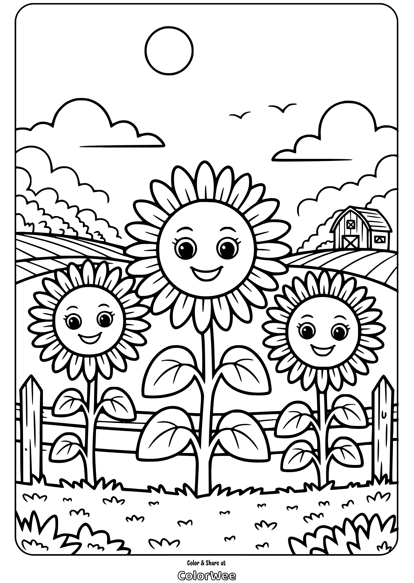 Smiling sunflowers coloring page with farm background for kids.