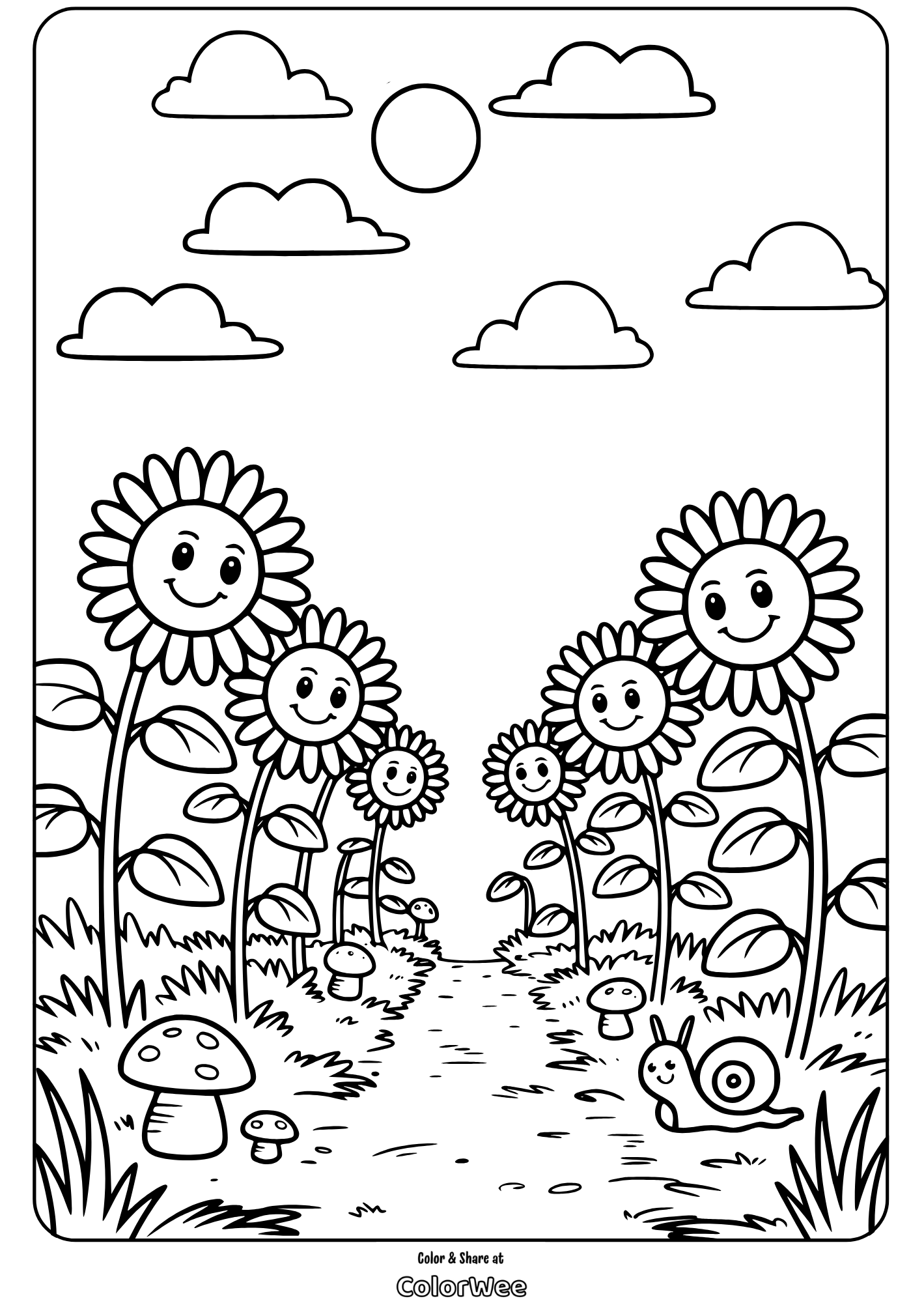Happy sunflower garden with cute snails and mushrooms coloring page.
