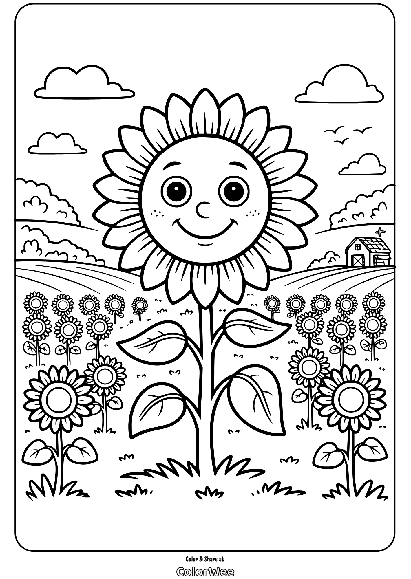Happy sunflower coloring page with a smiling face and farm background.