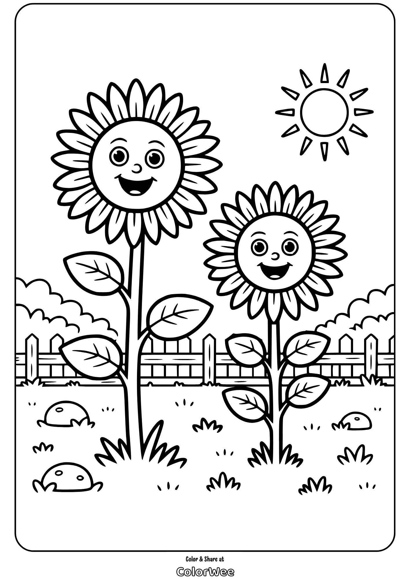 Smiling sunflowers coloring page with sun and fence.