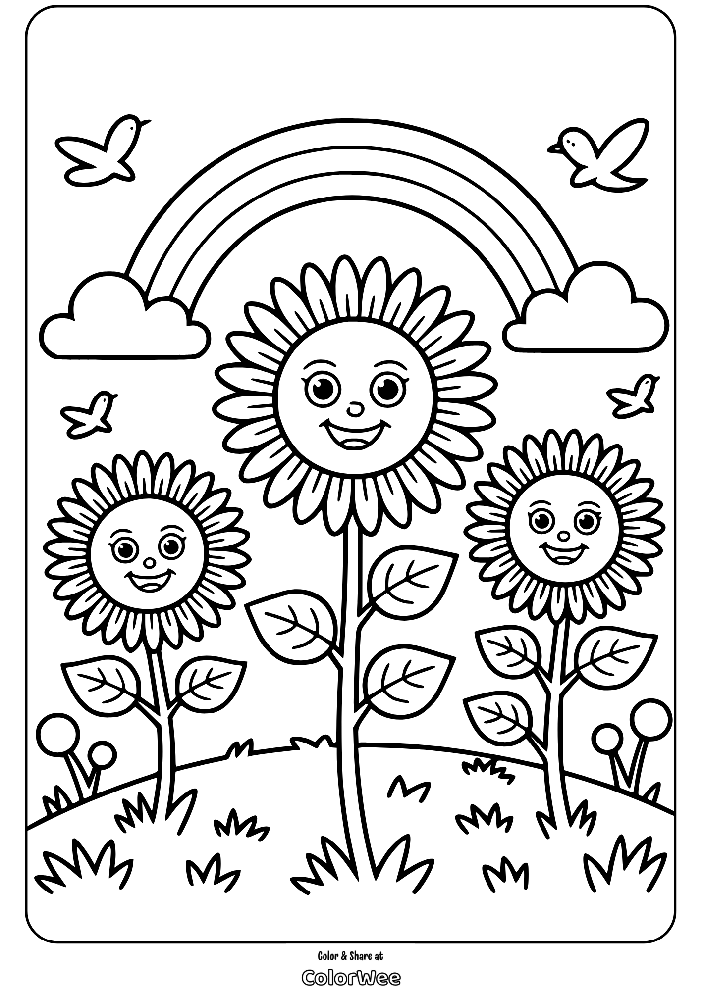 Smiling sunflowers with rainbow and birds coloring page.