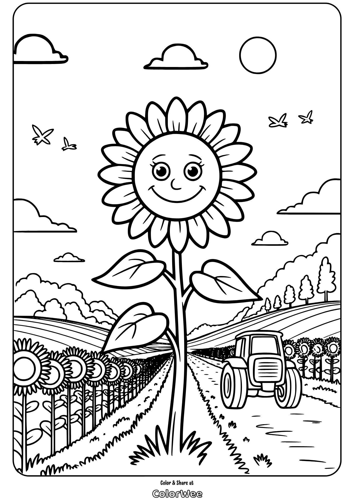 Smiling sunflower, tractor, and birds in a farm landscape coloring page.