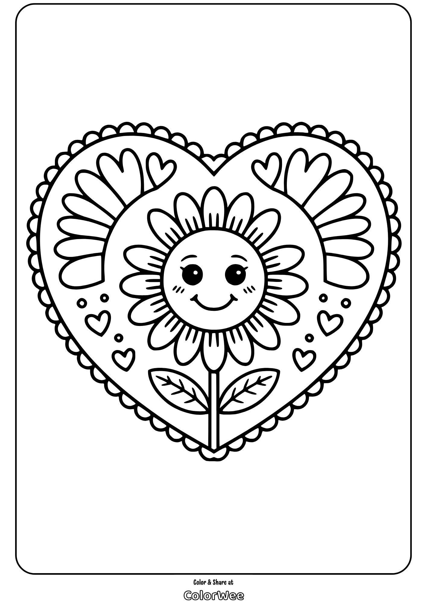 Smiling sunflower in heart with cute hearts coloring page.