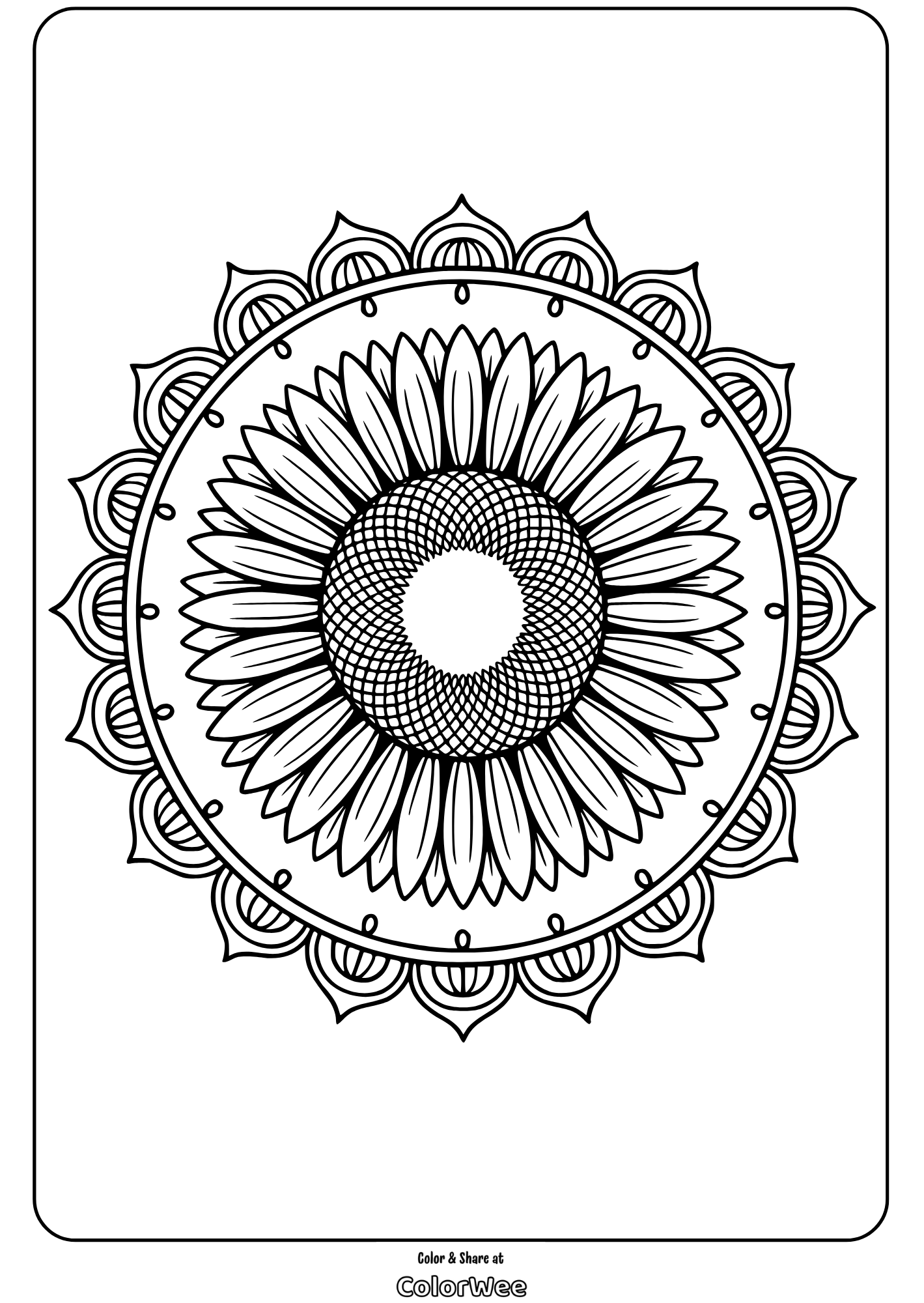 Sunflower mandala coloring page with intricate petal designs.