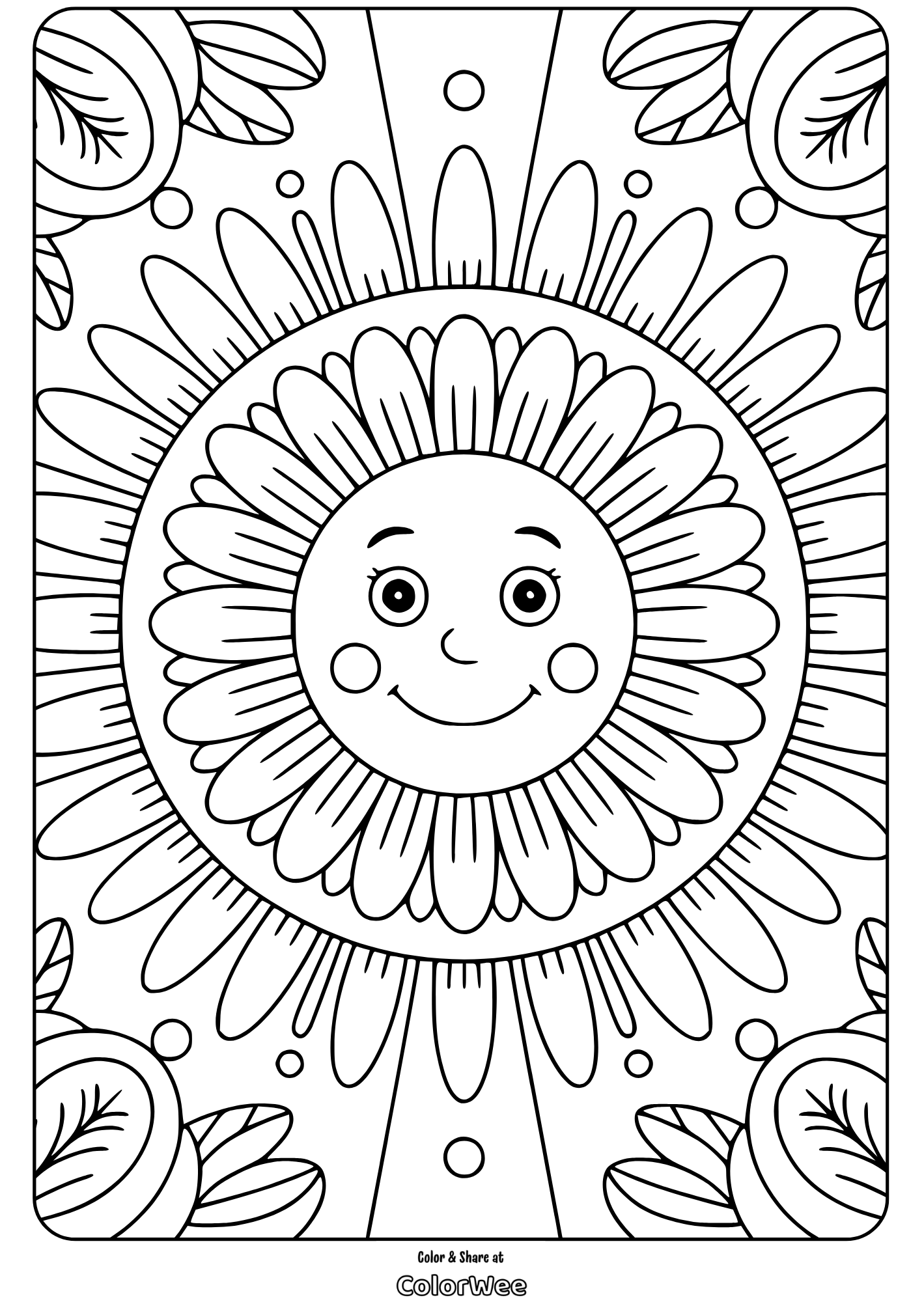 Smiling sun with floral patterns coloring page.