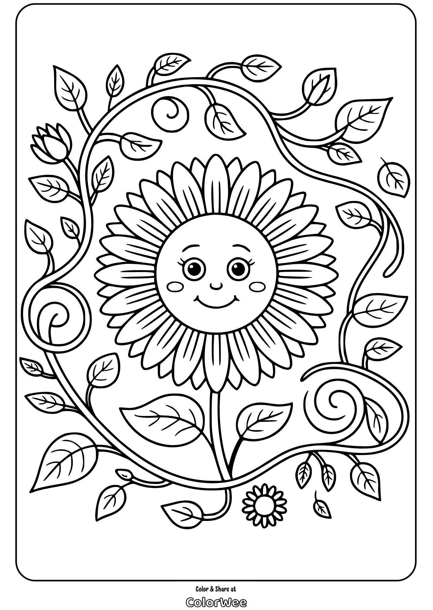 Cute smiling sunflower coloring page for kids.