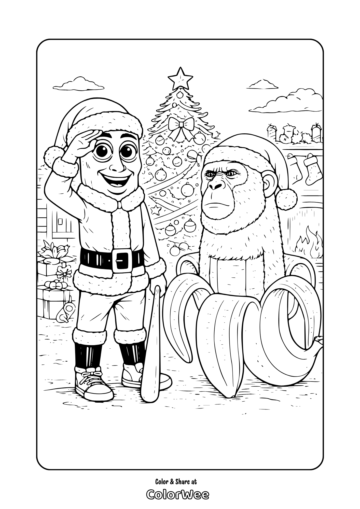 Tung Tung Tung Sahur and Chimpanzini Bananini are celebrating christmas - coloring page.