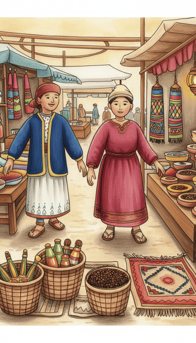 turkish coloring page 1 2 edited Coloring page of a vibrant Middle Eastern market scene with people and goods.