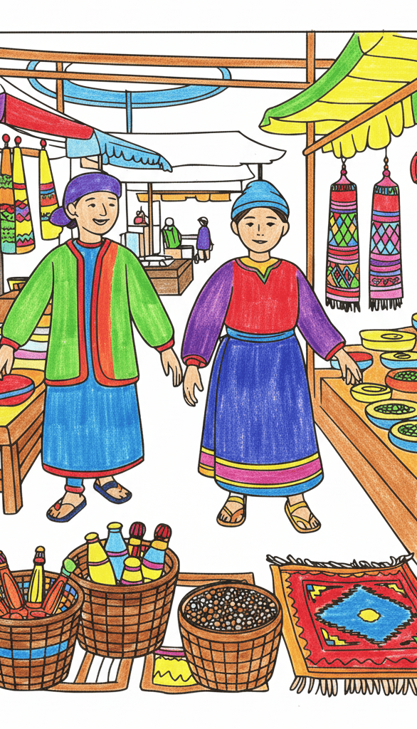 turkish coloring page 2 2 edited 1 Colorful market scene with traditional clothing and woven goods.