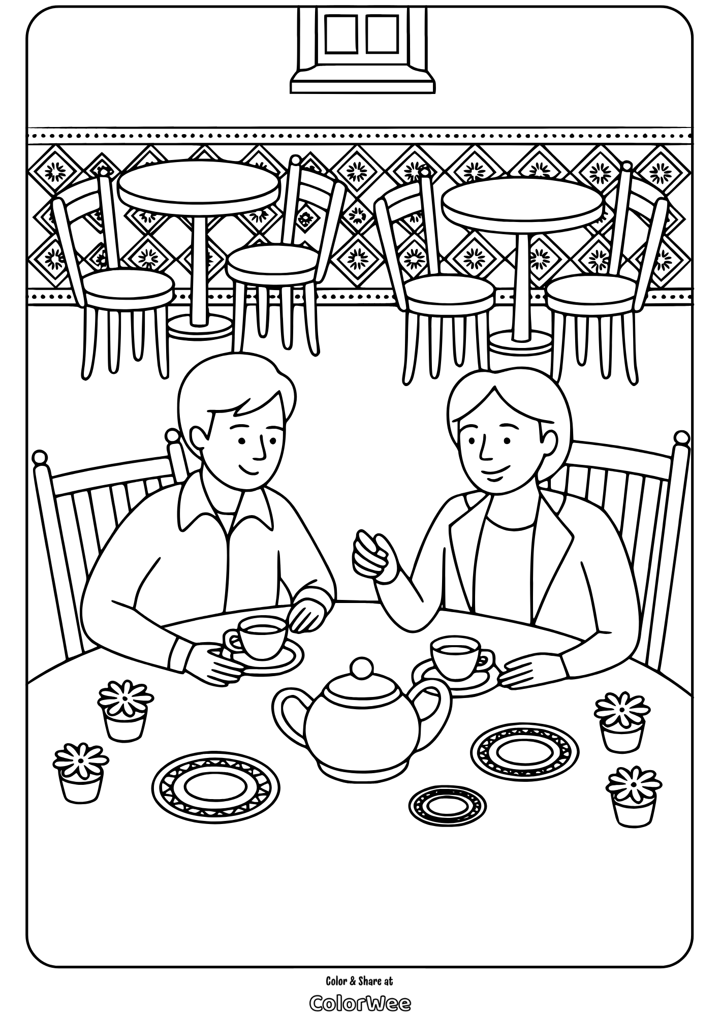 turkish culture cafe scene coloring page Tea lovers enjoying a cafe scene coloring page.
