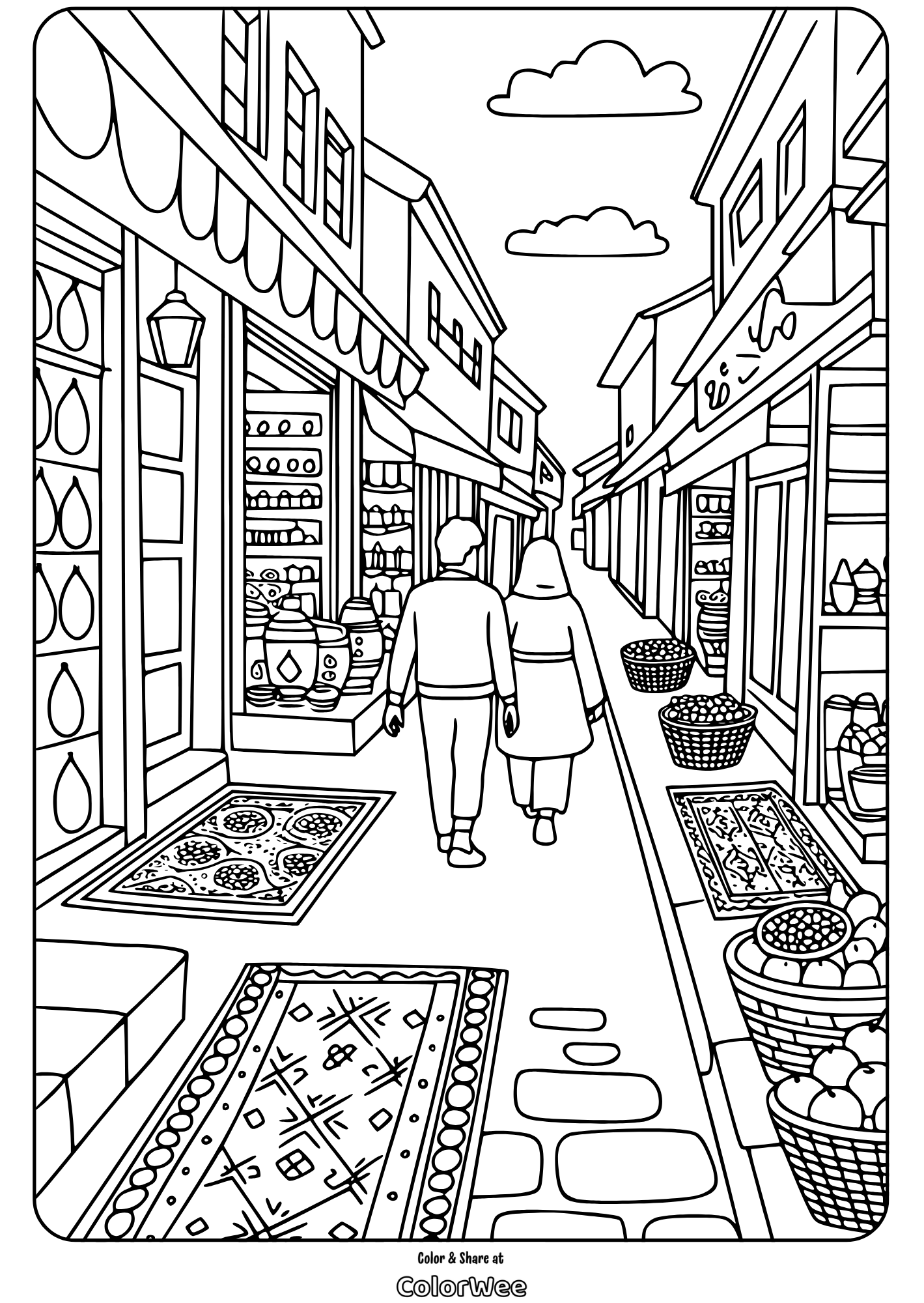Marketplace scene coloring page with couple walking in a bazaar.