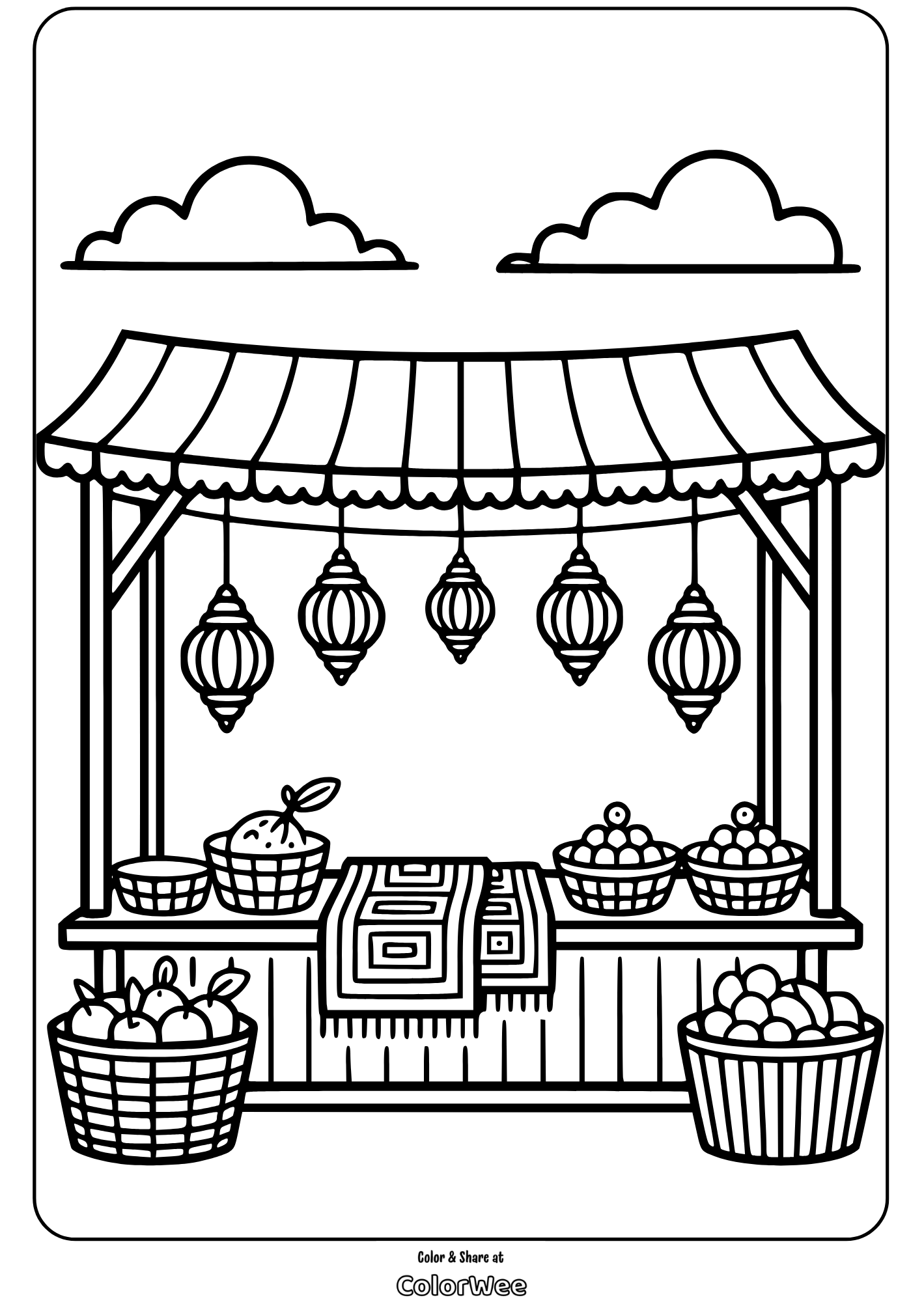 turkish culture in market coloring page Market stall coloring page with baskets of fruits.