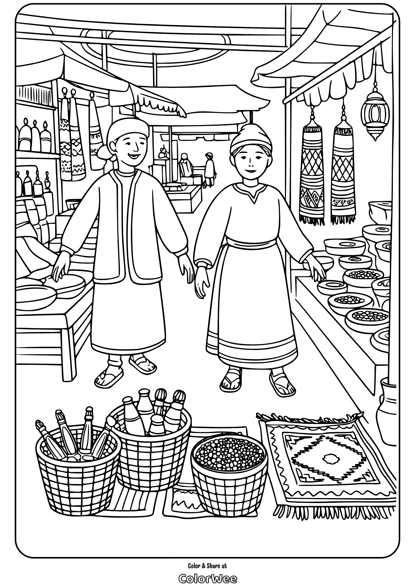 turkish culture market scene coloring page Coloring page of a vibrant marketplace scene with shoppers.