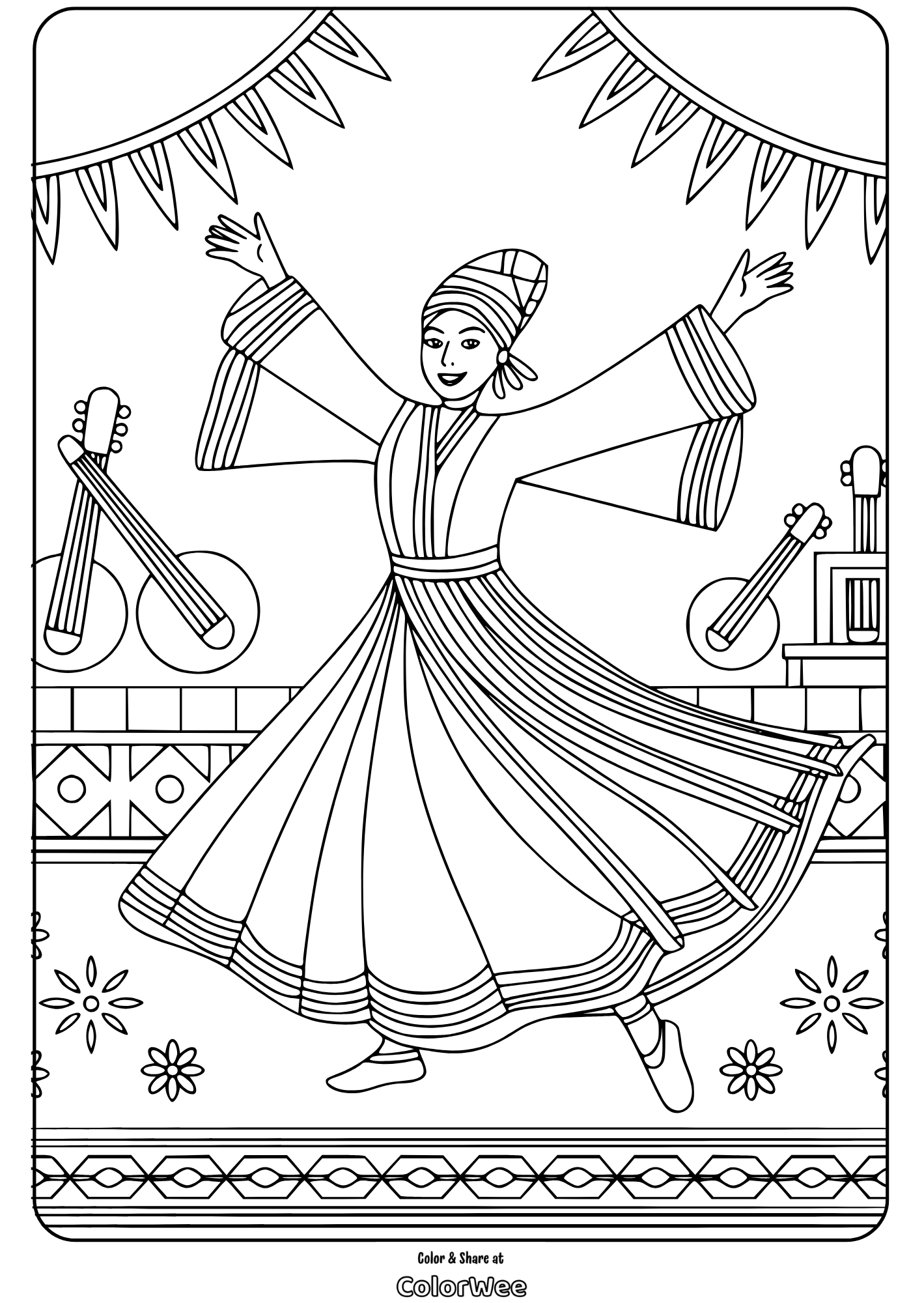 turkish culture traditional dance coloring page Dancer with musical instruments coloring page.