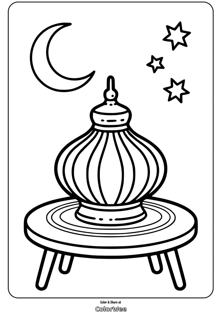 turkish culture turkish lamp coloring page Coloring page with a lantern, crescent moon, and stars.