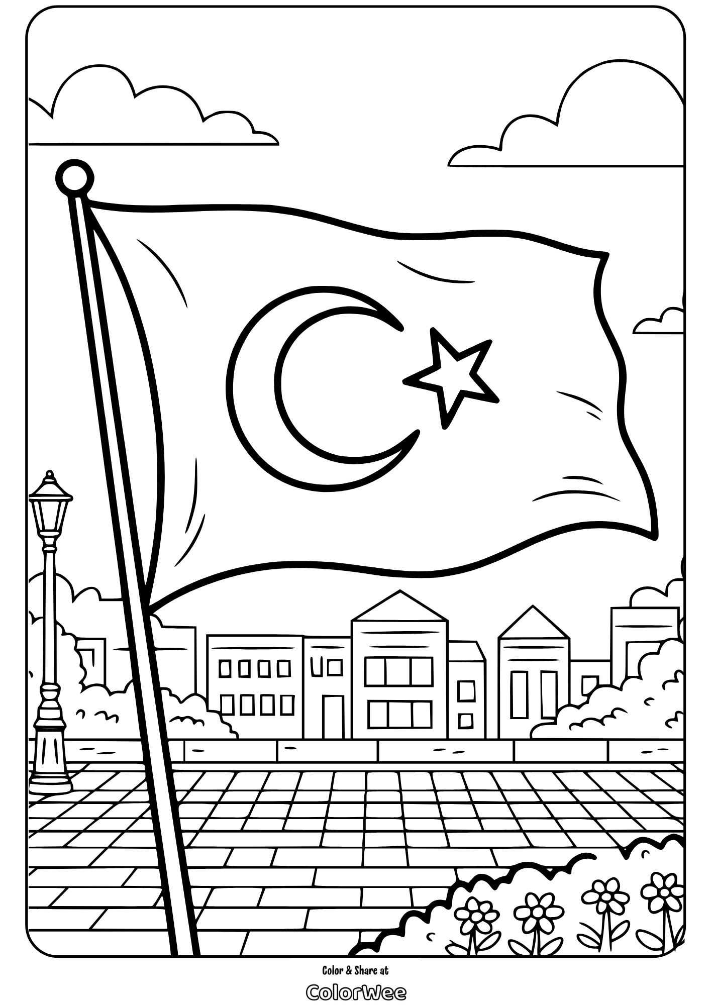 turkish flag at public square coloring page Coloring page: Turkey flag with crescent and star, cityscape background.