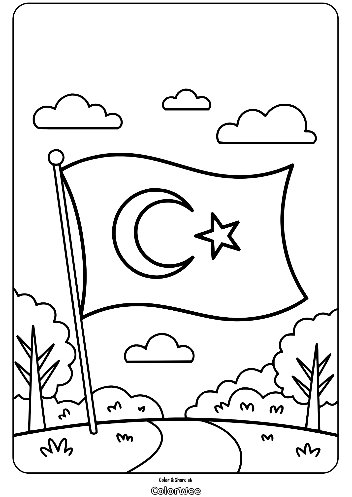 turkish flag in park coloring page Flag with crescent moon and star, nature scene coloring page.