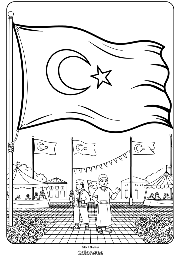 turkish flag national festival coloring page Coloring page with Turkish flag and traditional clothing scene.