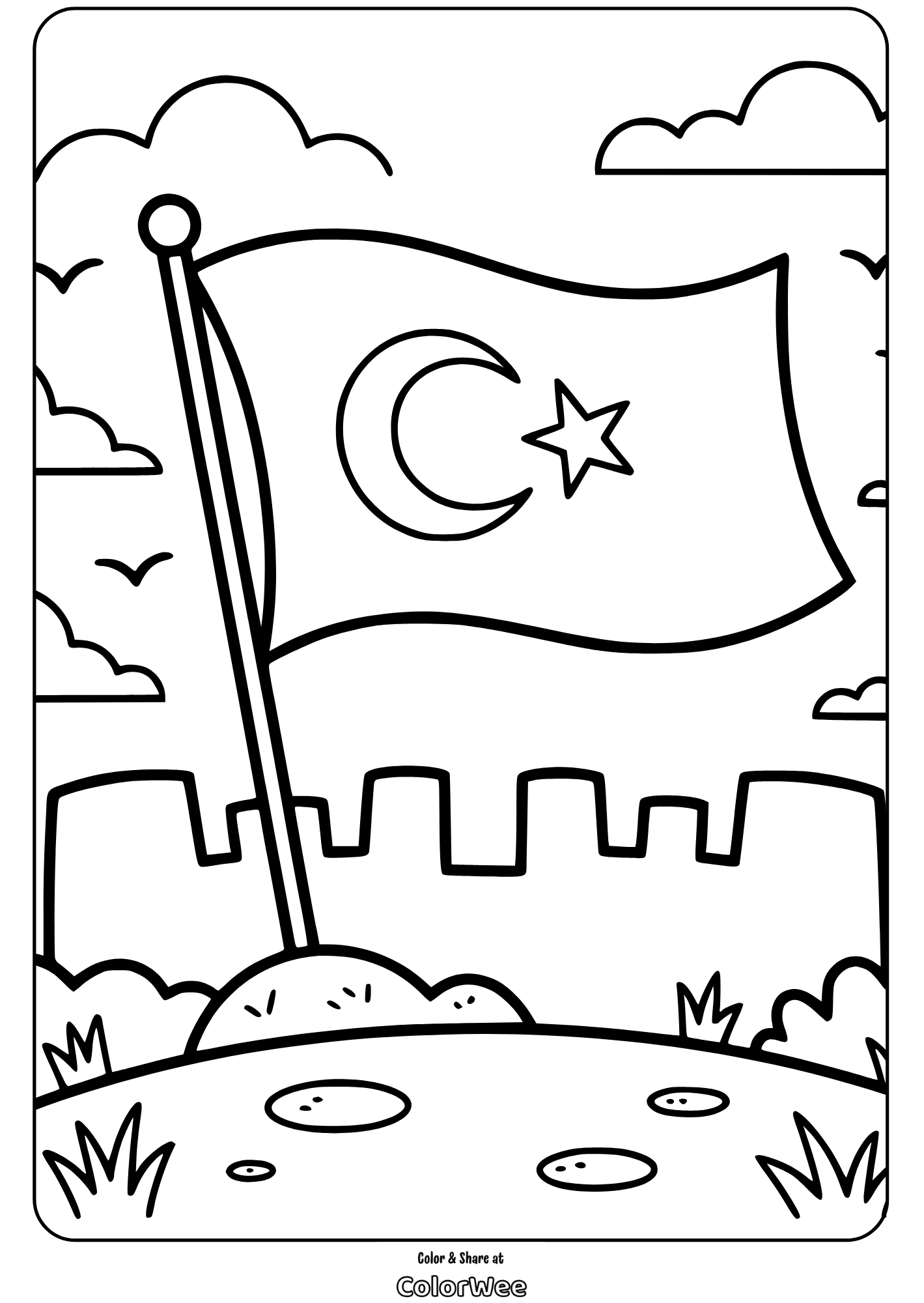 turkish flag on castle hill coloring page Flag coloring page with crescent and star design.
