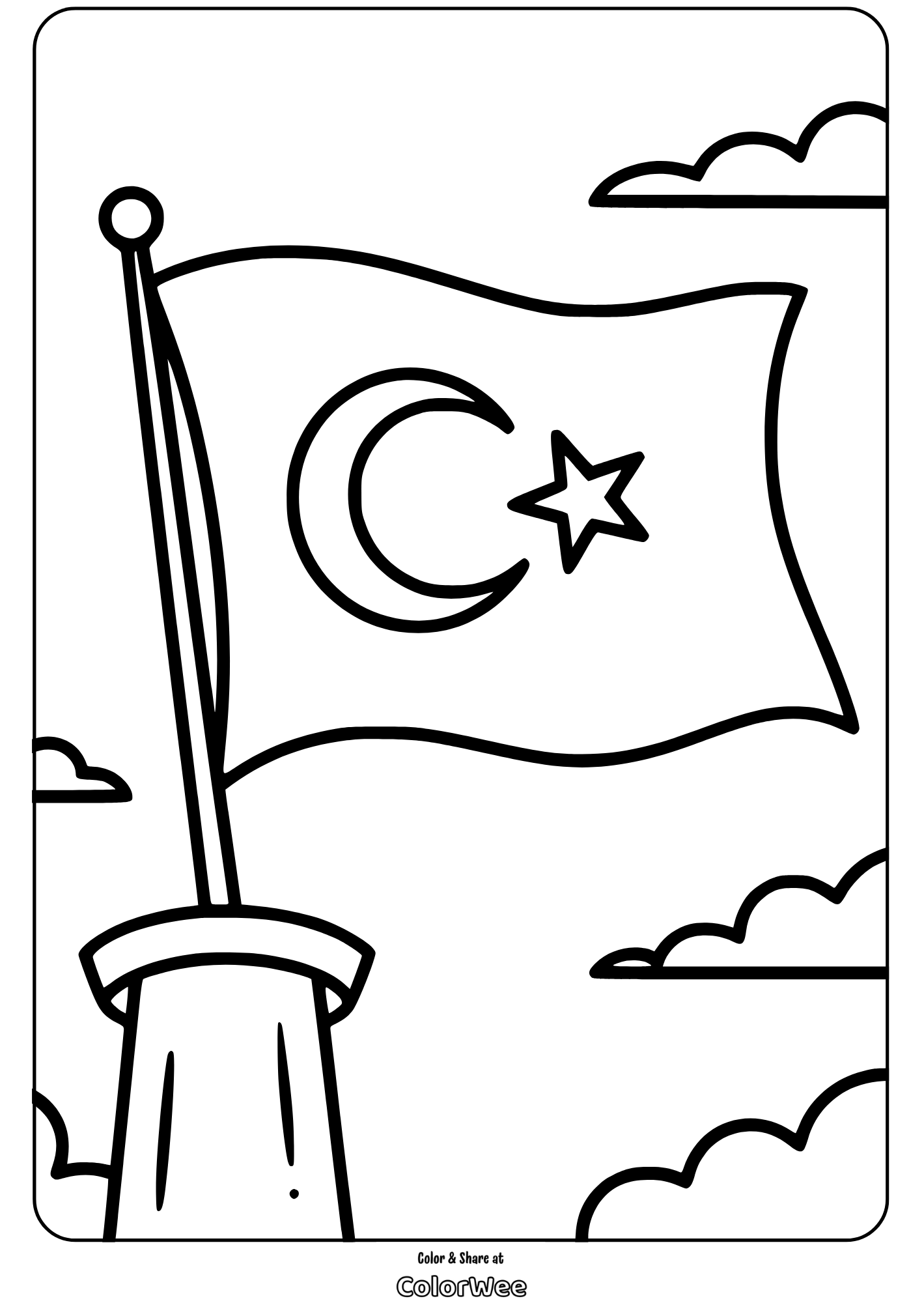 turkish flag on tower coloring page Coloring page of a flag with crescent and star, waving among clouds.