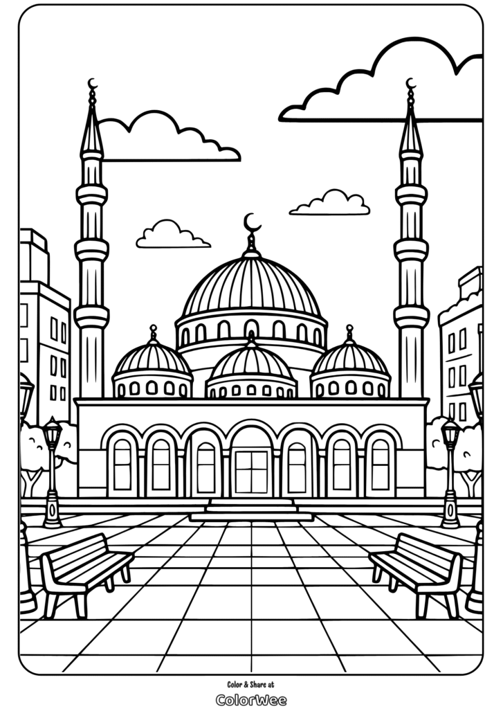 turkish mosque in city square coloring page Coloring page of a turkish mosque with minarets and open courtyard.