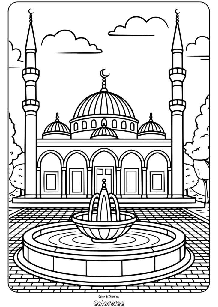 turkish mosque near fountain coloring page Coloring page of a mosque in Turkey with minarets and fountain.