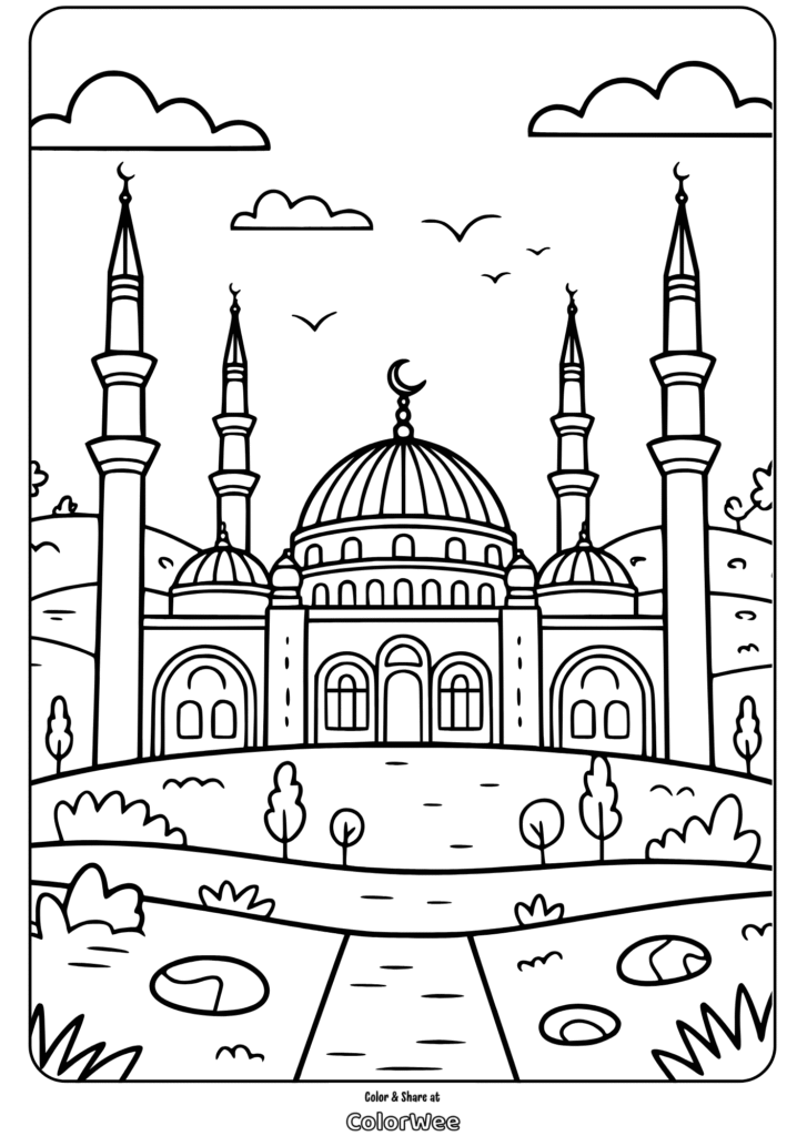 turkish mosque on hill coloring page Coloring page of a mosque with minarets and a crescent moon.