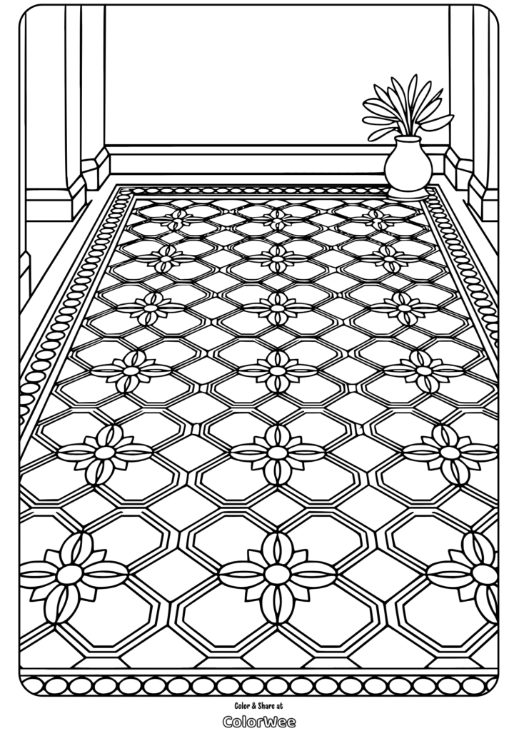 turkish tiles floor mosaic coloring page Ornate geometric floor pattern with a vase of leaves coloring page.