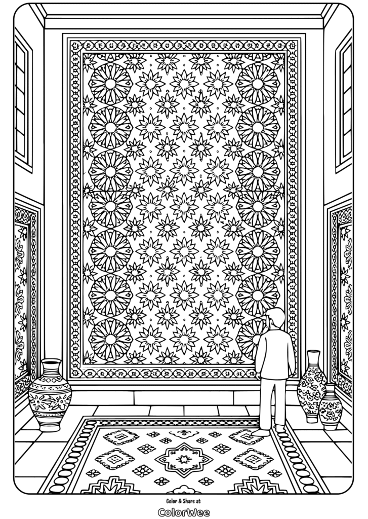 turkish tiles wall and floor mosaic coloring page Intricate geometric patterns coloring page with rugs and vases in Turkey