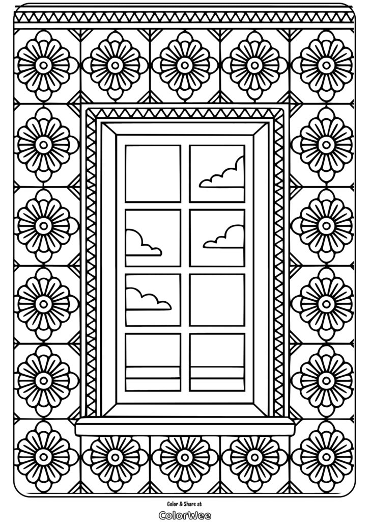 turkish tiles wall with window coloring page Ornate window coloring page with floral patterns and geometric designs.