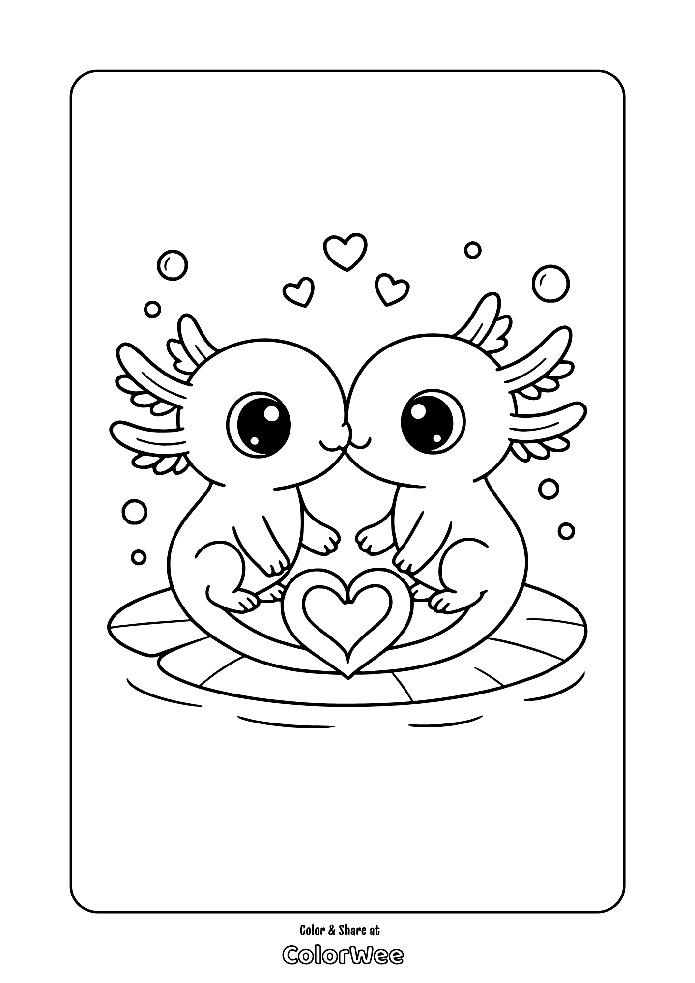 Valentine kawaii axolotls in love with hearts coloring page.