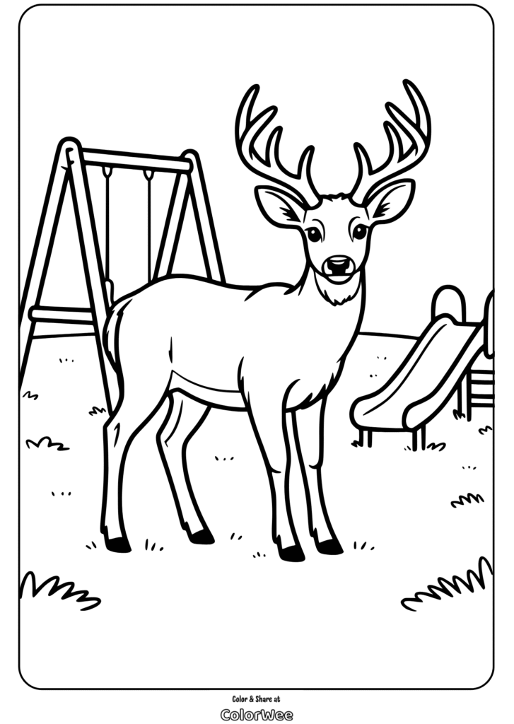 Deer at playground coloring page with swing and slide.