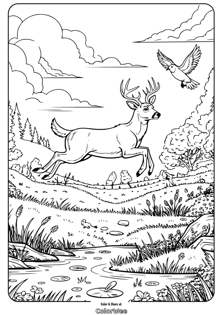 Deer leaping in a forest with a bird flying overhead, nature scene coloring page.