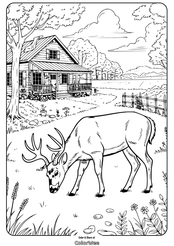 Deer grazing by a rustic cabin, lush countryside coloring page.