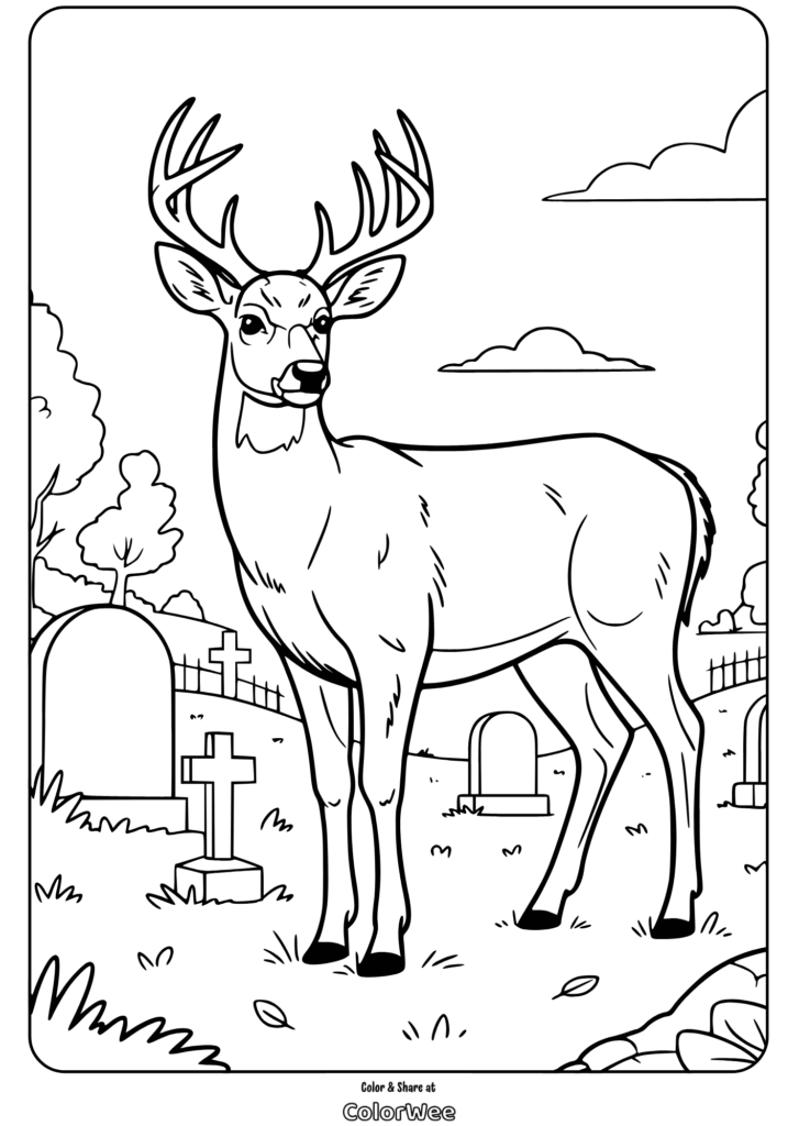 Deer in woodland cemetery coloring page illustration.