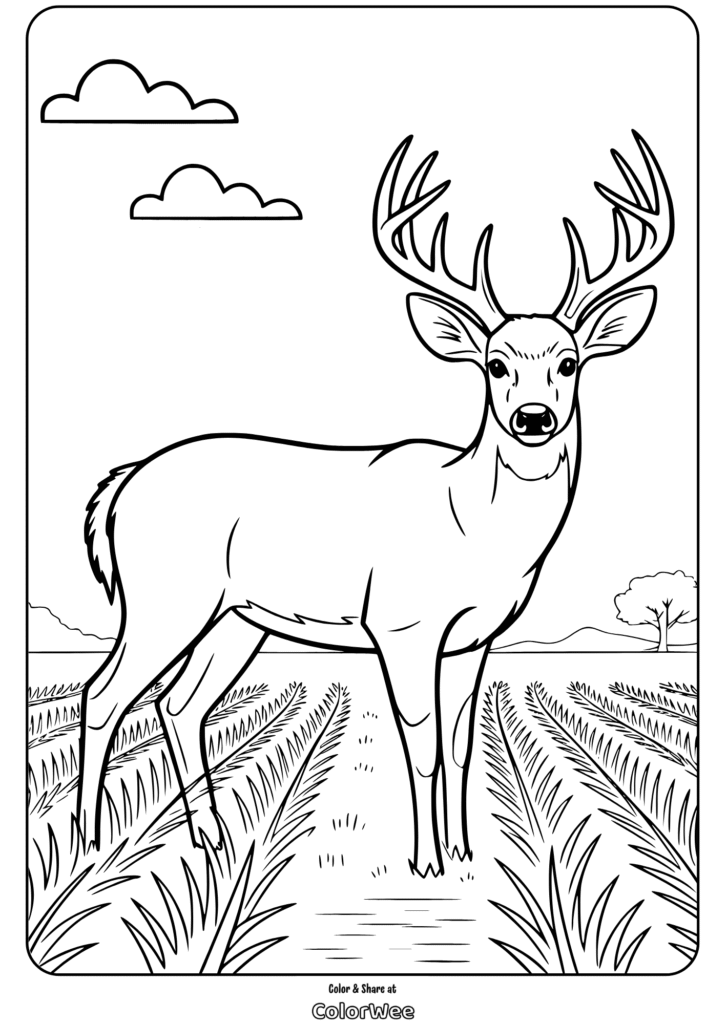 Deer coloring page with antlers in nature setting.