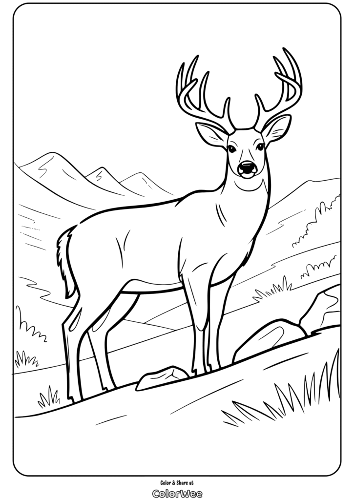 Deer coloring page: majestic buck in mountain landscape.
