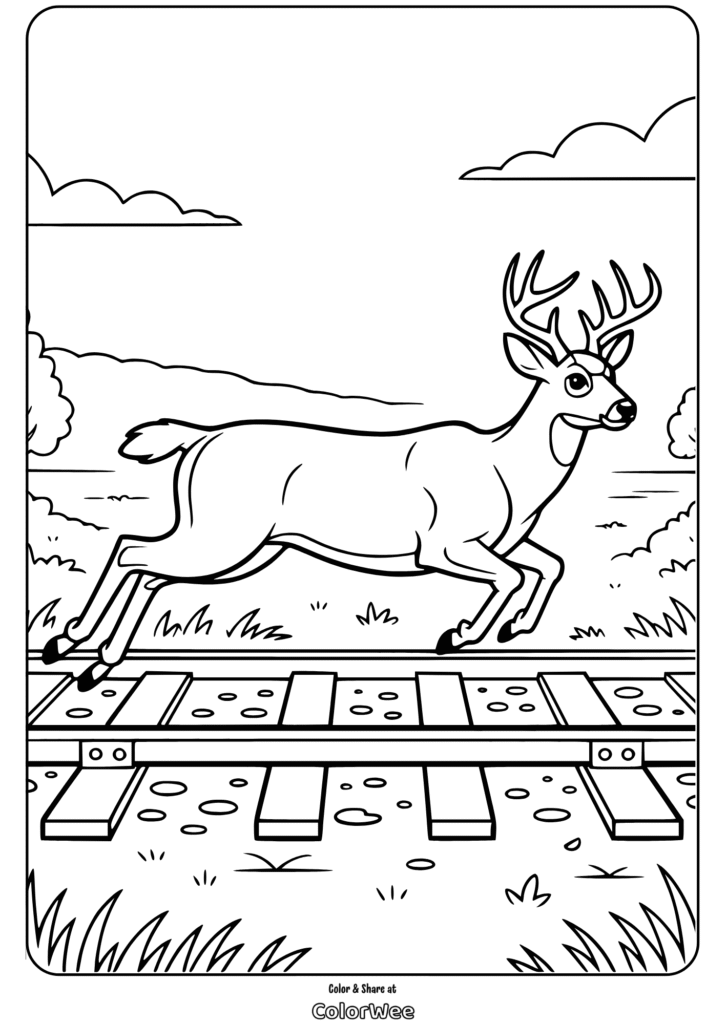 Deer running across railroad tracks coloring page