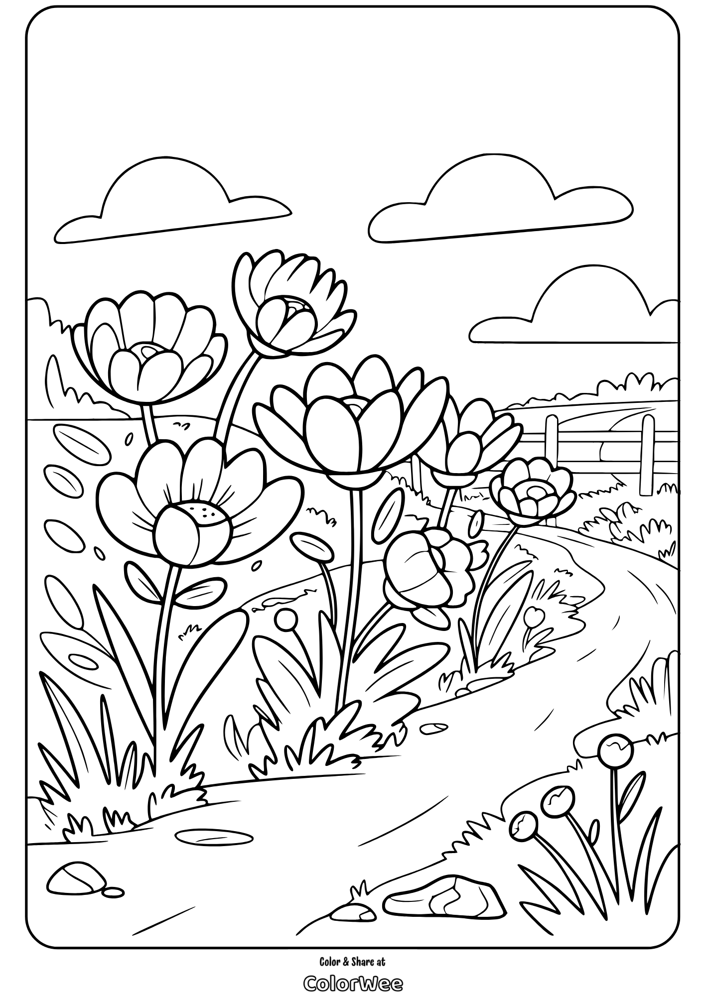 Wildflower path coloring page with clouds and fence.