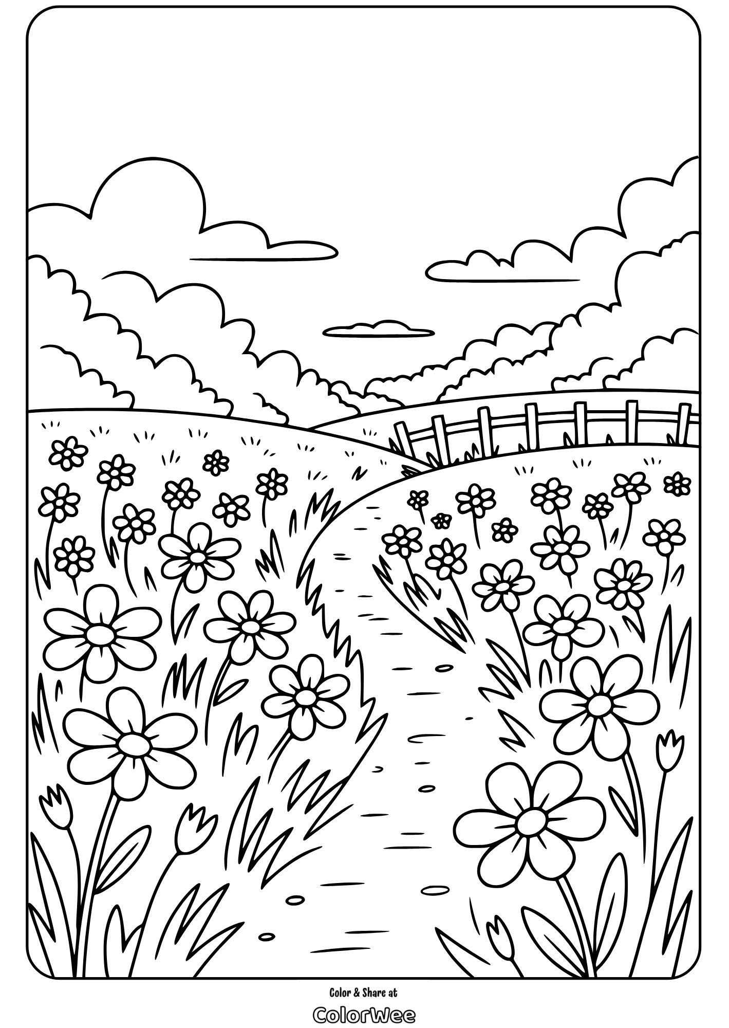 Coloring page: flowers along a winding path in a scenic landscape.