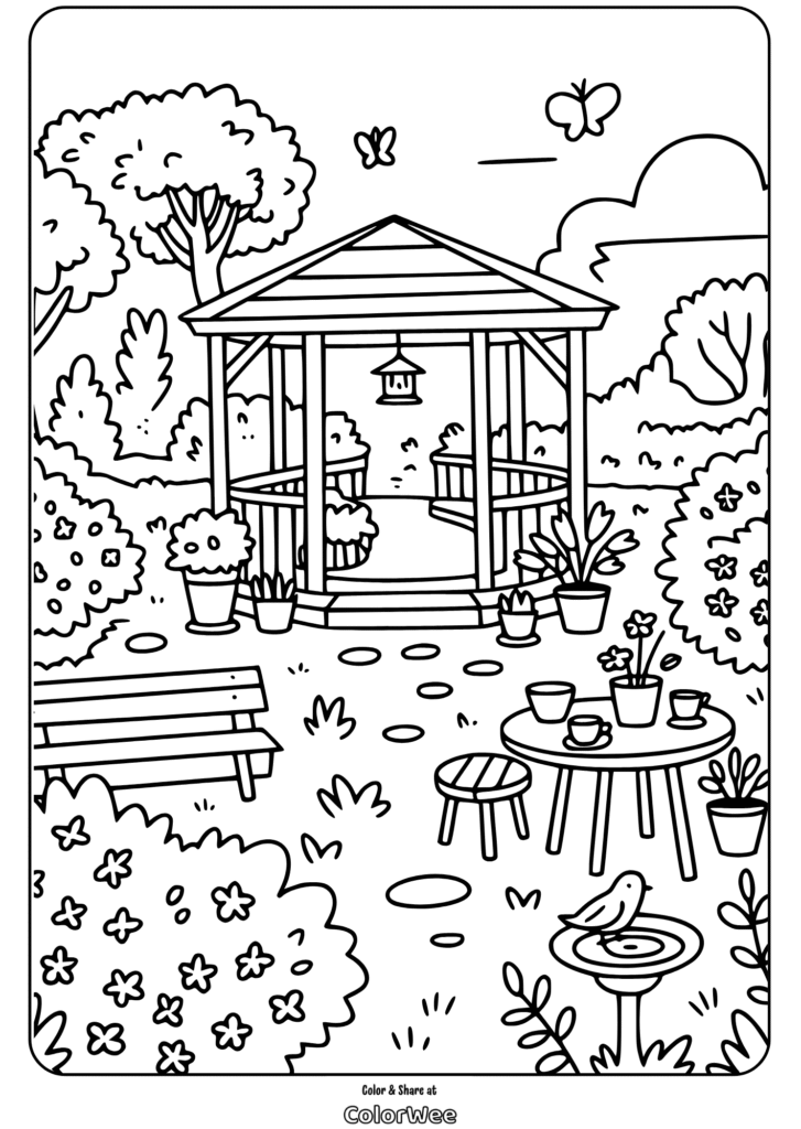 Cozy garden gazebo coloring page with flowers and birds.