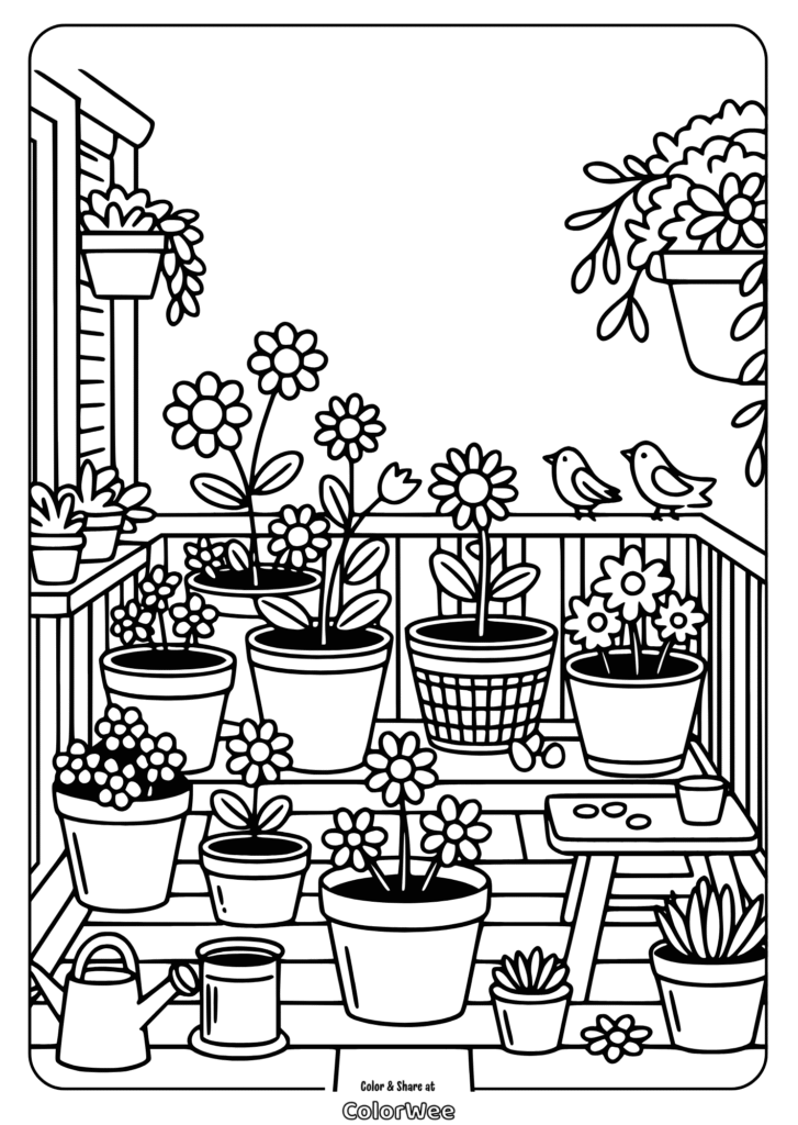 Potted garden plants and birds on a balcony coloring page.