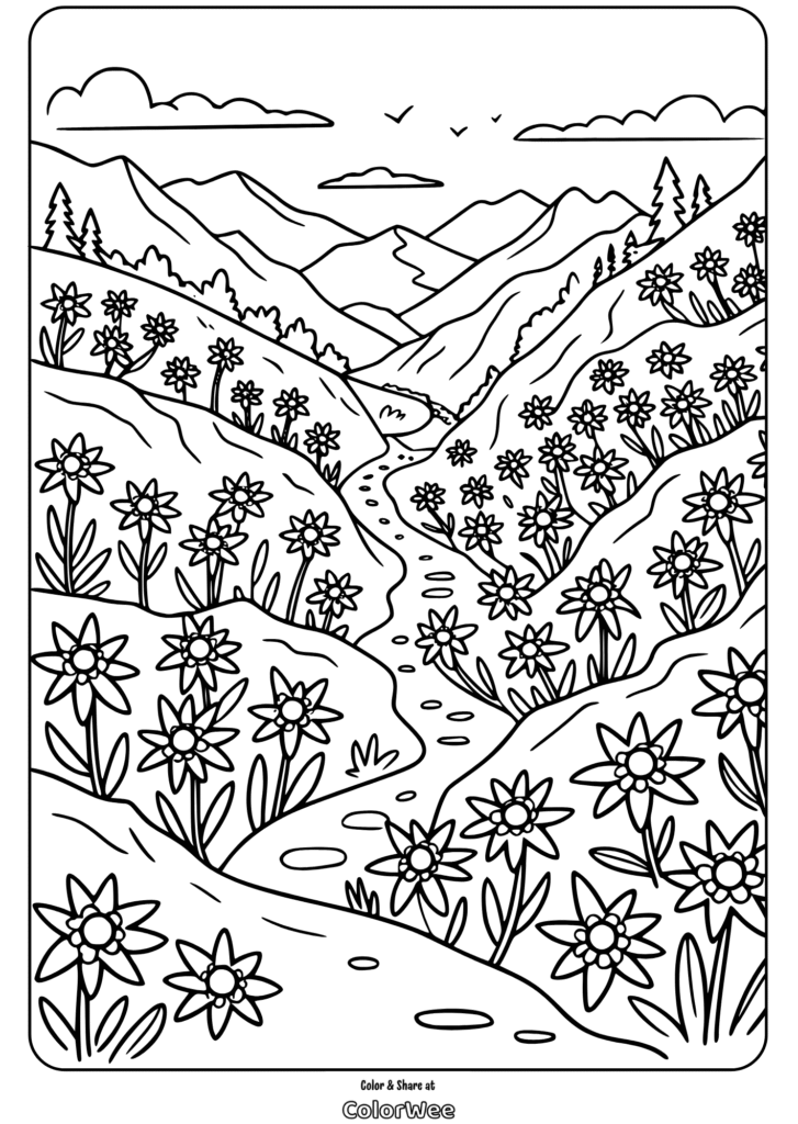 Coloring page of a mountain valley with flowers and trees.