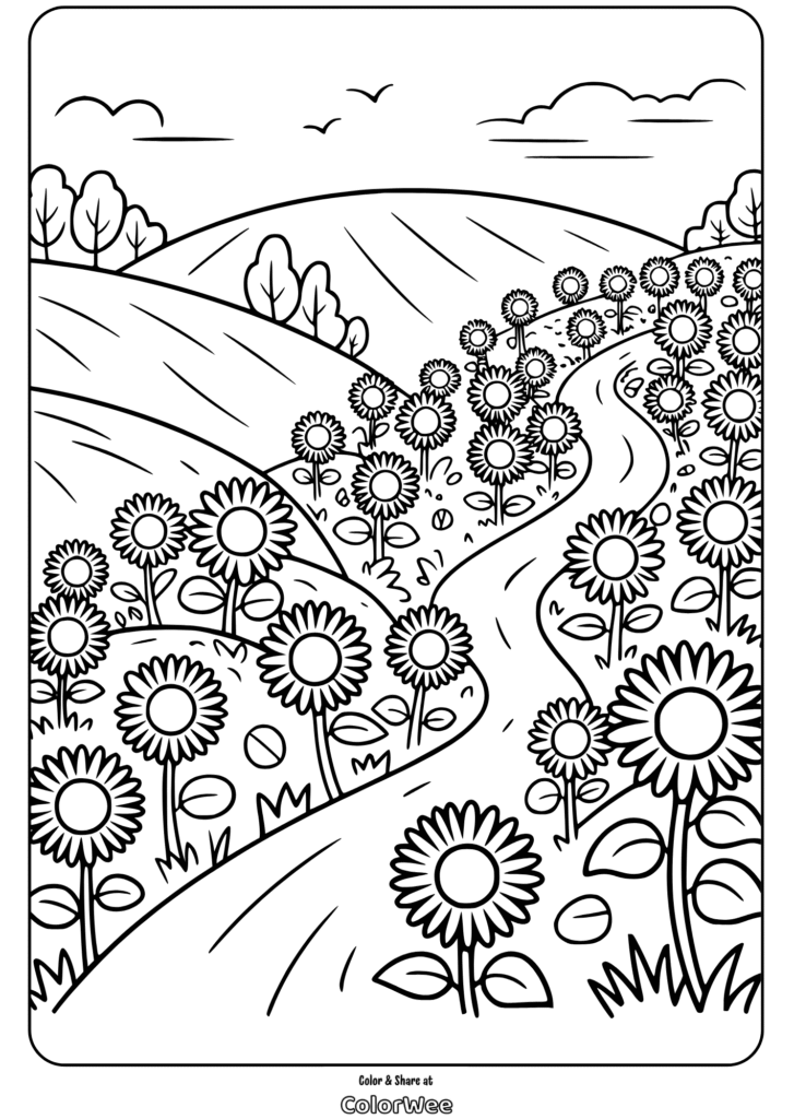 Coloring page with sunflowers along a winding path in the countryside.