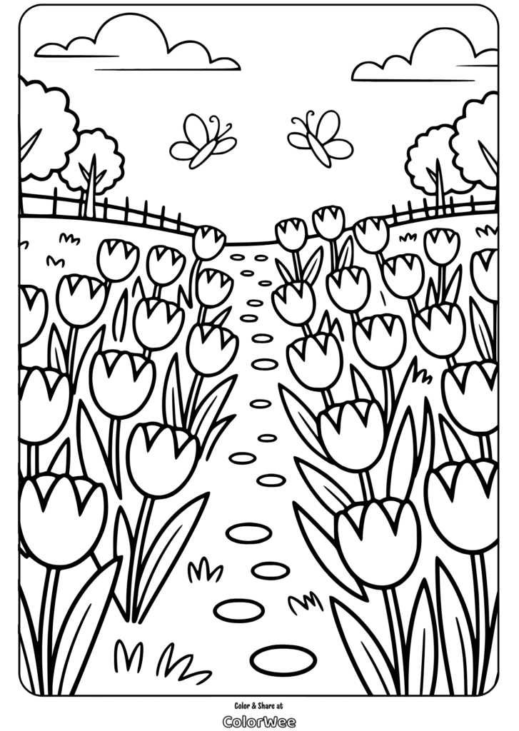Coloring page with tulips, butterflies, and a garden path.