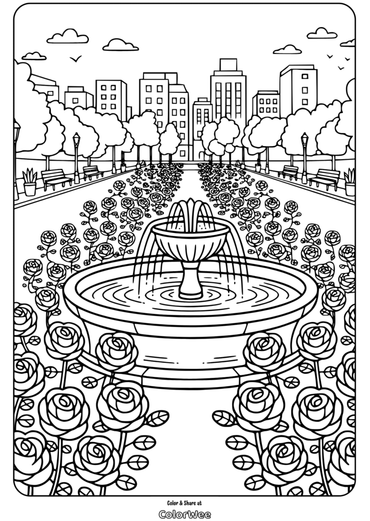 City park fountain with roses and trees coloring page.