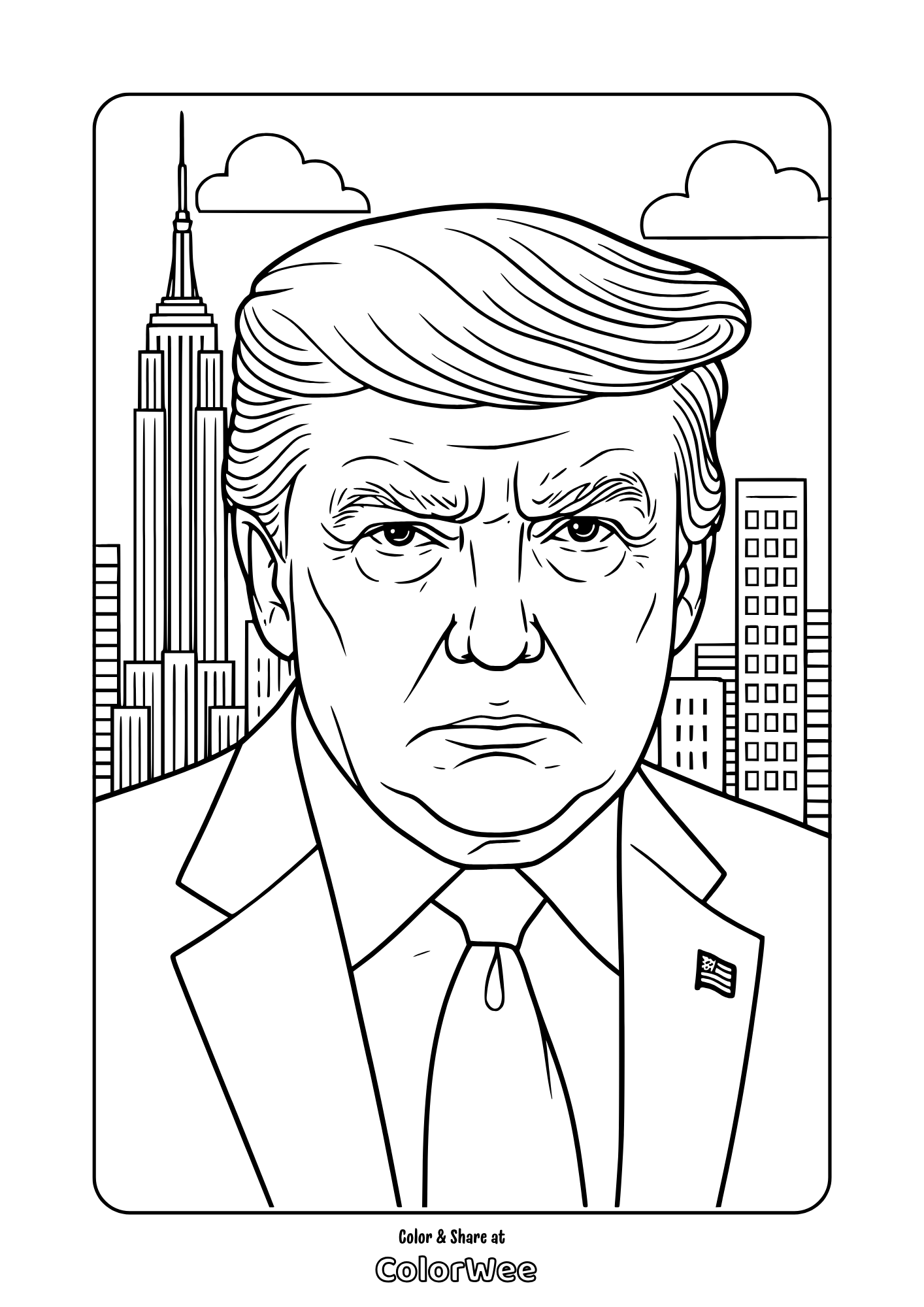 Adult coloring page: Donald J. Trump in suit with New York City skyline background