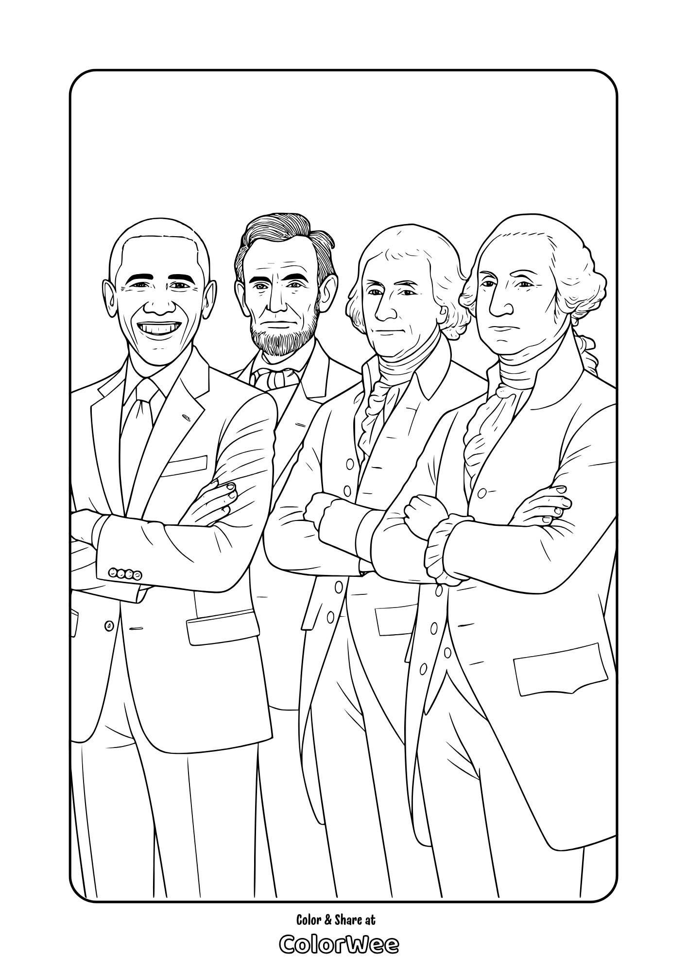American history leaders coloring page: four US presidents.