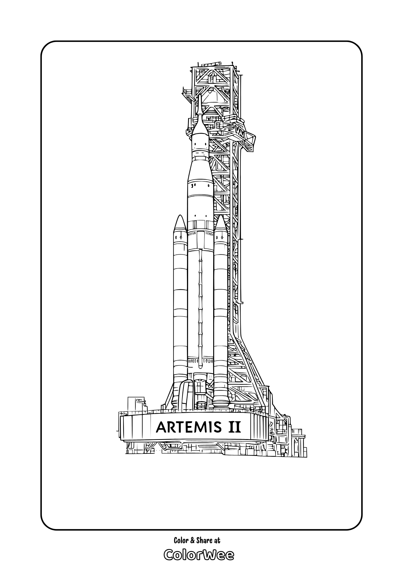 Artemis II NASA SLS rocket coloring page on launch pad, free printable